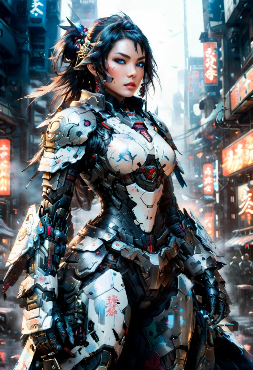 Japanese water color art picture of a mecha samurai woman in cyberpunk city, a mecha samurai woman, ultra feminine, exquisite beautiful woman, (fully clothed: 1.3), black hair, long hair, (blue eyes: 1.3), she stands ready to battle, wearing (white mecha armor: 1.3), high heeled boots, she is armed with a Japanese sword, Japanese Cyberpunk city at night, background, (Masterpiece: 1.5), 16k, highres, best quality, high details, ultra detailed, masterpiece, best quality, (extremely detailed), arafed, mecha, 