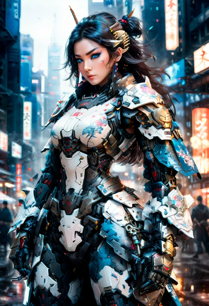 Japanese water color art picture of a mecha samurai woman in cyberpunk city, a mecha samurai woman, ultra feminine, exquisite beautiful woman, (fully clothed: 1.3), black hair, long hair, (blue eyes: 1.3), she stands ready to battle, wearing (white mecha armor: 1.3), high heeled boots, she is armed with a Japanese sword, Japanese Cyberpunk city at night, background, (Masterpiece: 1.5), 16k, highres, best quality, high details, ultra detailed, masterpiece, best quality, (extremely detailed), arafed, mecha, 