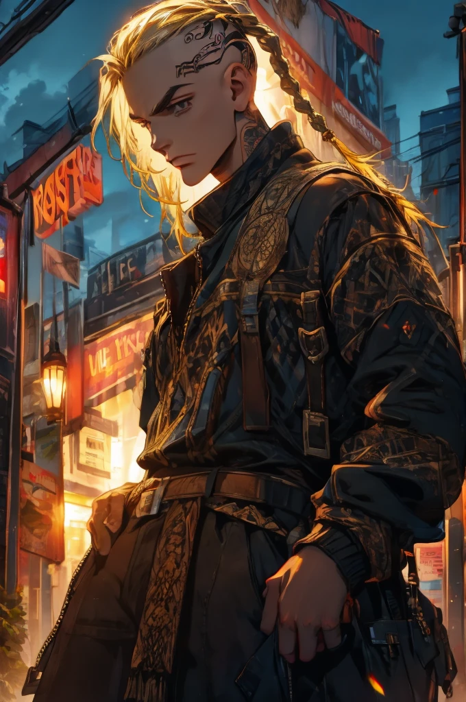 draken
blonde hair
braided ponytail
black eyes
tattoo