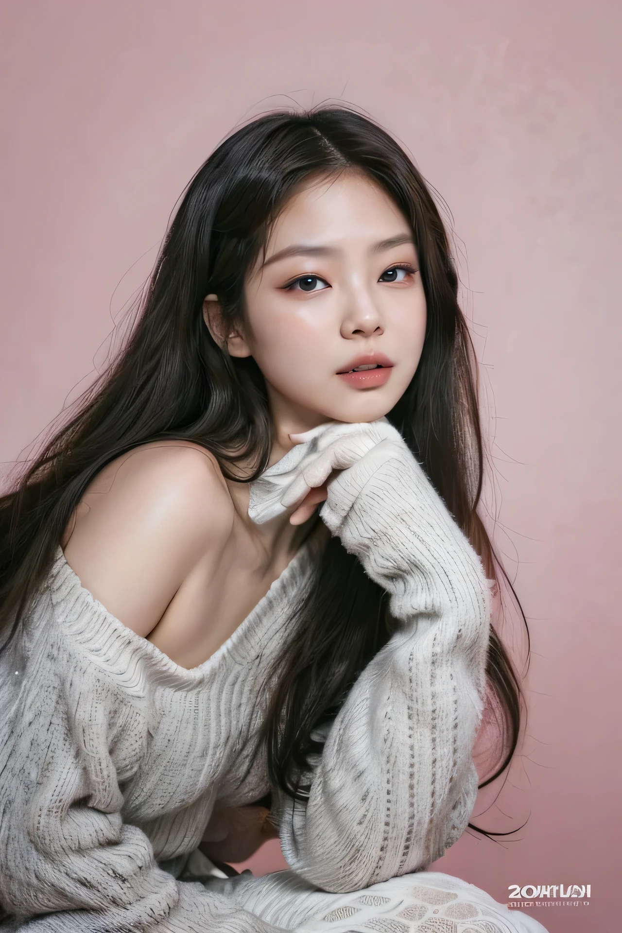 Jenny Kim, cabelo laranja, ondulado, fleshy lips, doll lips, olhos grandes.