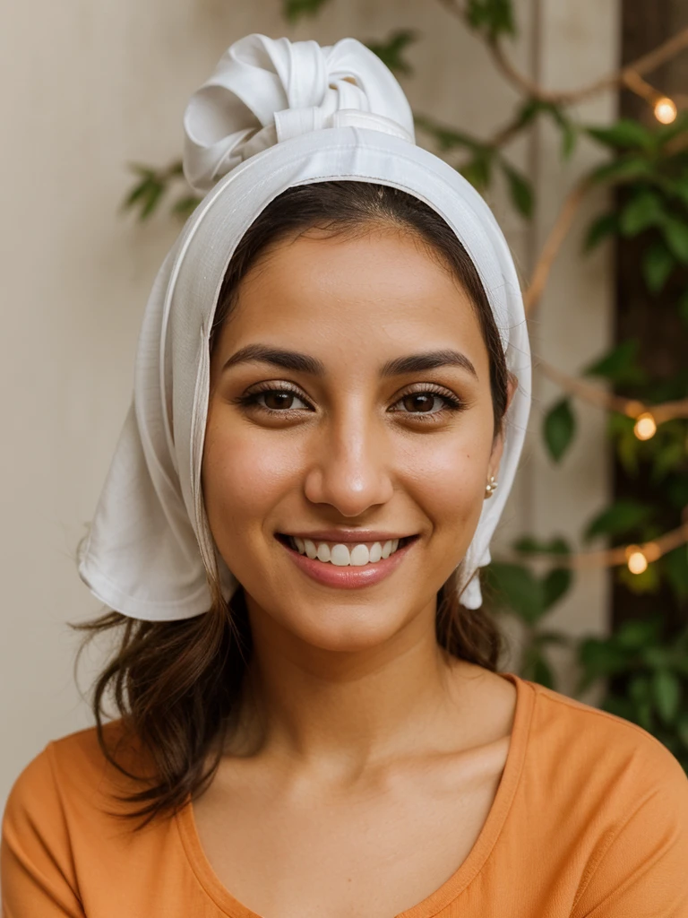 28YO, one women, cute smile, white teethes, Arab, from Jordan, long burnt orange shirt, light brown eyes