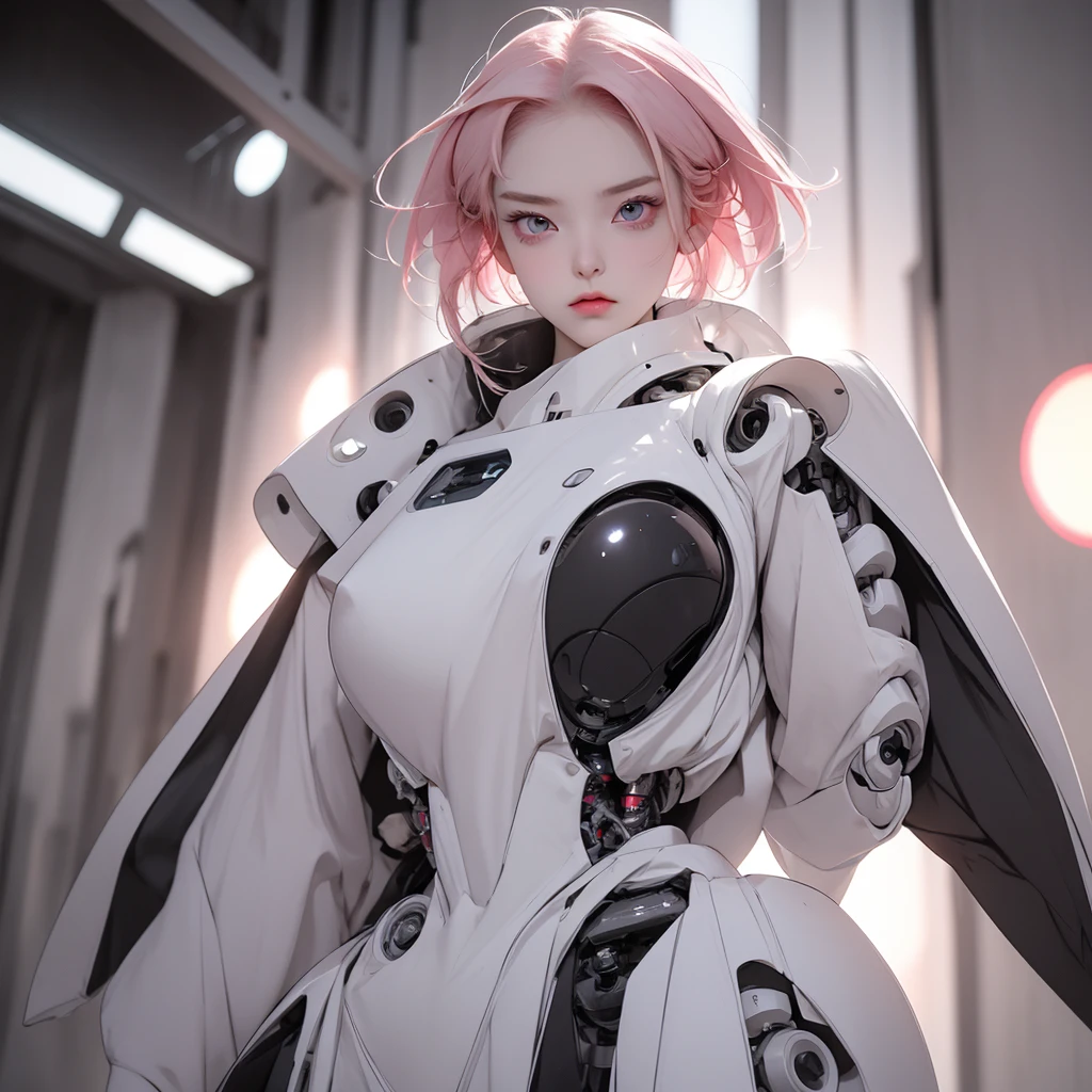 a girl with a full white robotic body, featuring sleek and high-tech components. She has short pink hair, purple eyes, and an angry expression. She wears a robot mask that partially covers her face, blending seamlessly with her polished mechanical limbs and torso. The subtle lights and mechanical joints of her body enhance the contrast between her human-like features and her robotic form.