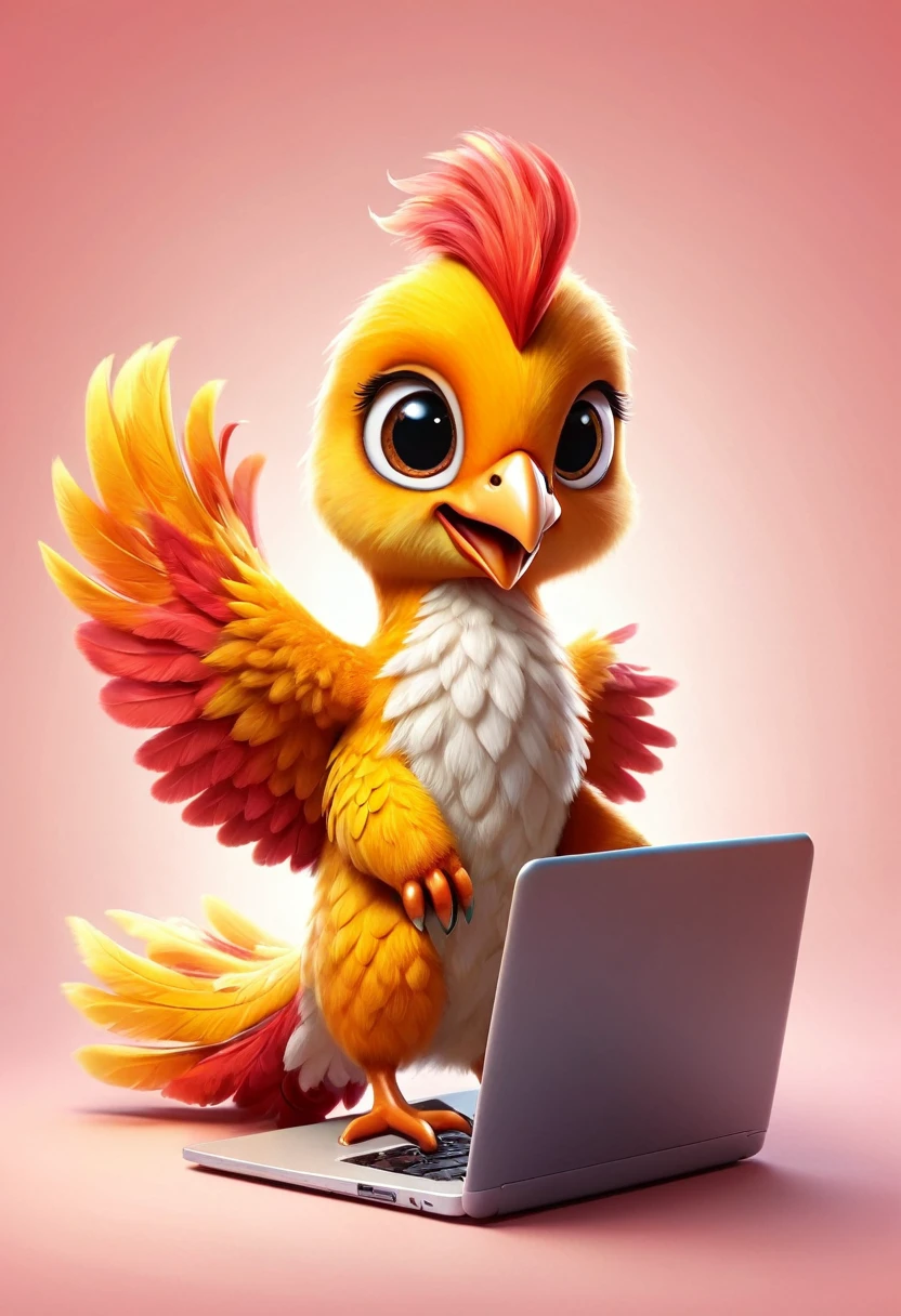 Poster design：Cute little phoenix bird very happy，peludo, with laptop