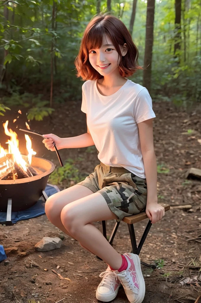 Girl looking at campfire, campsite tent, junior high school third grade, ((full body)), ((photo)), ((best qualtiy, 8K, tmasterpiece:1.3)), Focus:1.2, perfect figure beautiful child:1.4, 1, cowboy shot, look at viewer, incredibly absurd, beautiful and cute with a photorealistic face, showcasing top-quality craftsmanship, Japanese girl gazing at the campfire at the campsite, 12 years old, short hair, wavy and shiny, crimson hair, big eyes, long eyelashes, smiling face, white teeth, round face, small nose, smooth skin, fair skin, red lips, pink cheeks, lively expression, , delicate, well-balanced proportions, slim, 155cm tall, thin limbs, small A-cup breasts, khaki T-shirt, camouflage shorts, sneakers, beautiful girl, younger sister attributes, active, sociable, cheerful, optimistic, brave, curious, August
