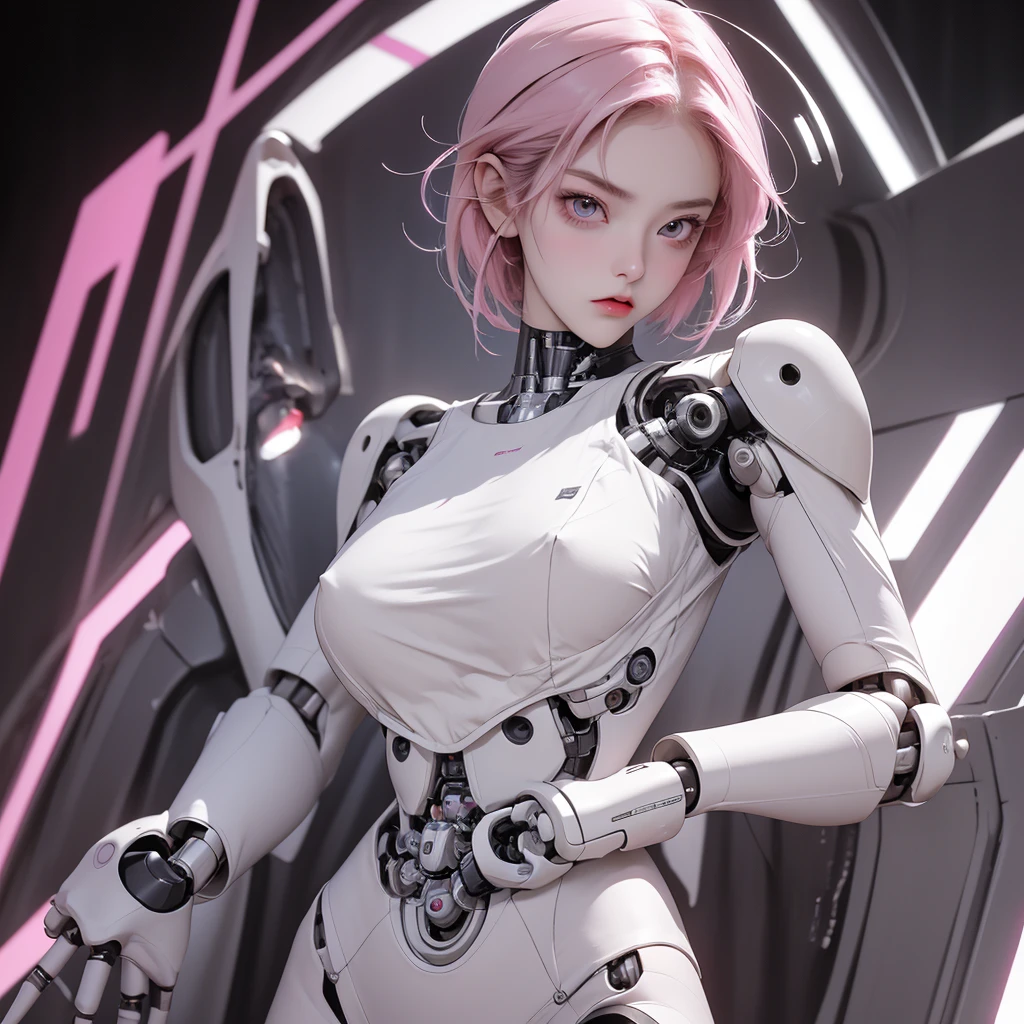 a girl with a full white robotic body, featuring sleek and high-tech components. She has short pink hair, purple eyes, and an angry expression. She wears a robot mask that partially covers her face, blending seamlessly with her polished mechanical limbs and torso. The subtle lights and mechanical joints of her body enhance the contrast between her human-like features and her robotic form.