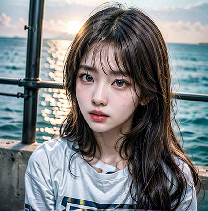 Real photo, (masterpiece:1.2),(Very detailed),(8k:1.1),(Perfect lighting,Highest quality,High resolution,original),(Realistic photos:1.4) ,28 years old、Korean Idols、Long Hair、Brown Hair、Model-like style、One woman、T-Shirts、Solo Snap、Mole under right eye、Korean、Shot by the sea、