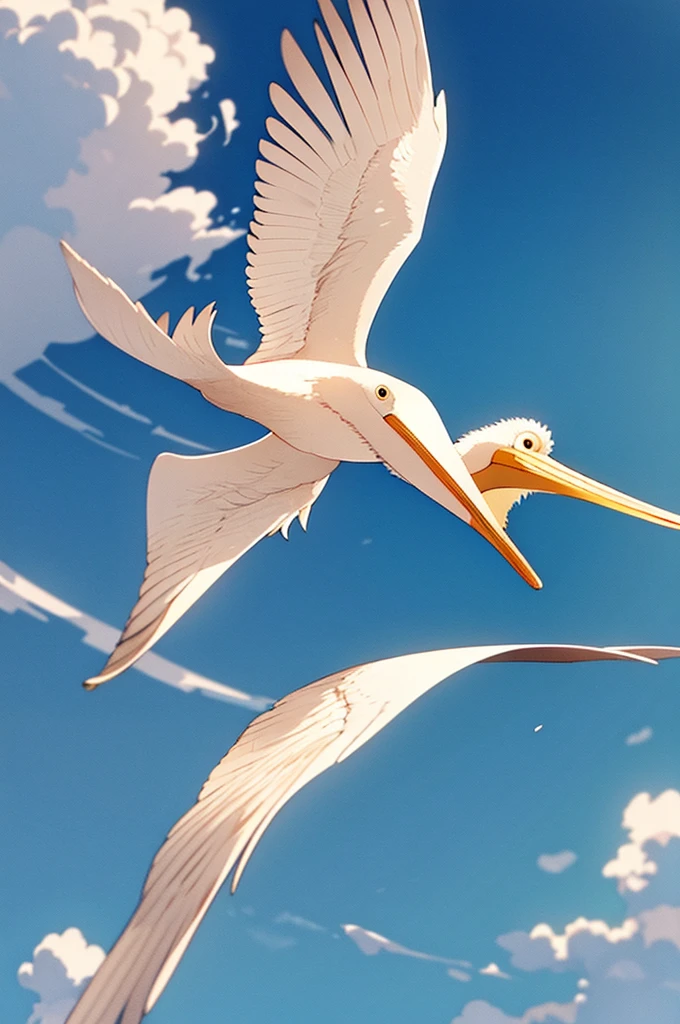 a pelican flies over the sky stealing a cookie