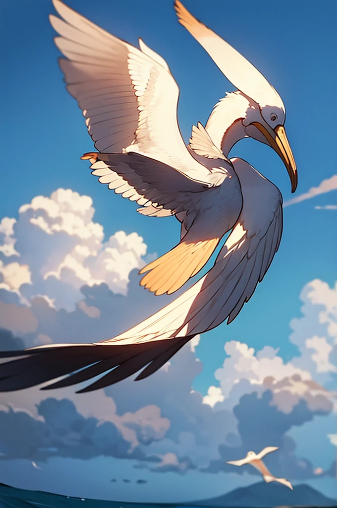 a pelican flies over the sky stealing a cookie