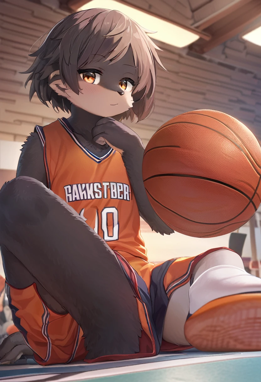 ((Masterpiece)), ((Best Quality)), (Very Detailed), ((Very Detailed)), 4K, (8K), very aesthetic, absurdres highres, 1girl, anthropomorphic gorilla, furry, kemono, basketball uniform, indoors,