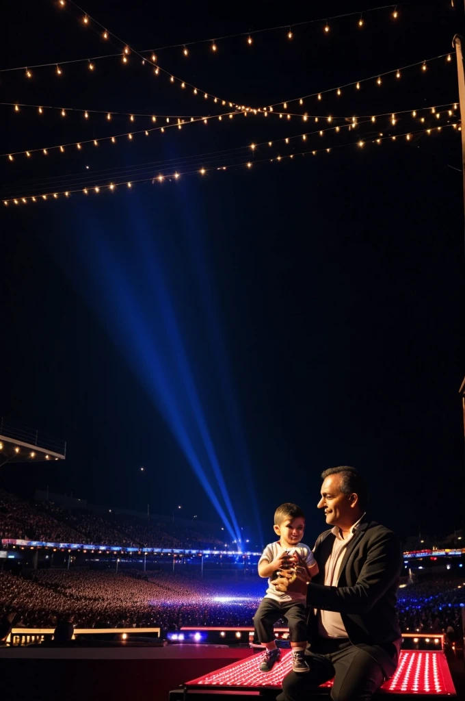 Fondo de escenario con luces y altavoces con una imagen de un papa y su hijo 