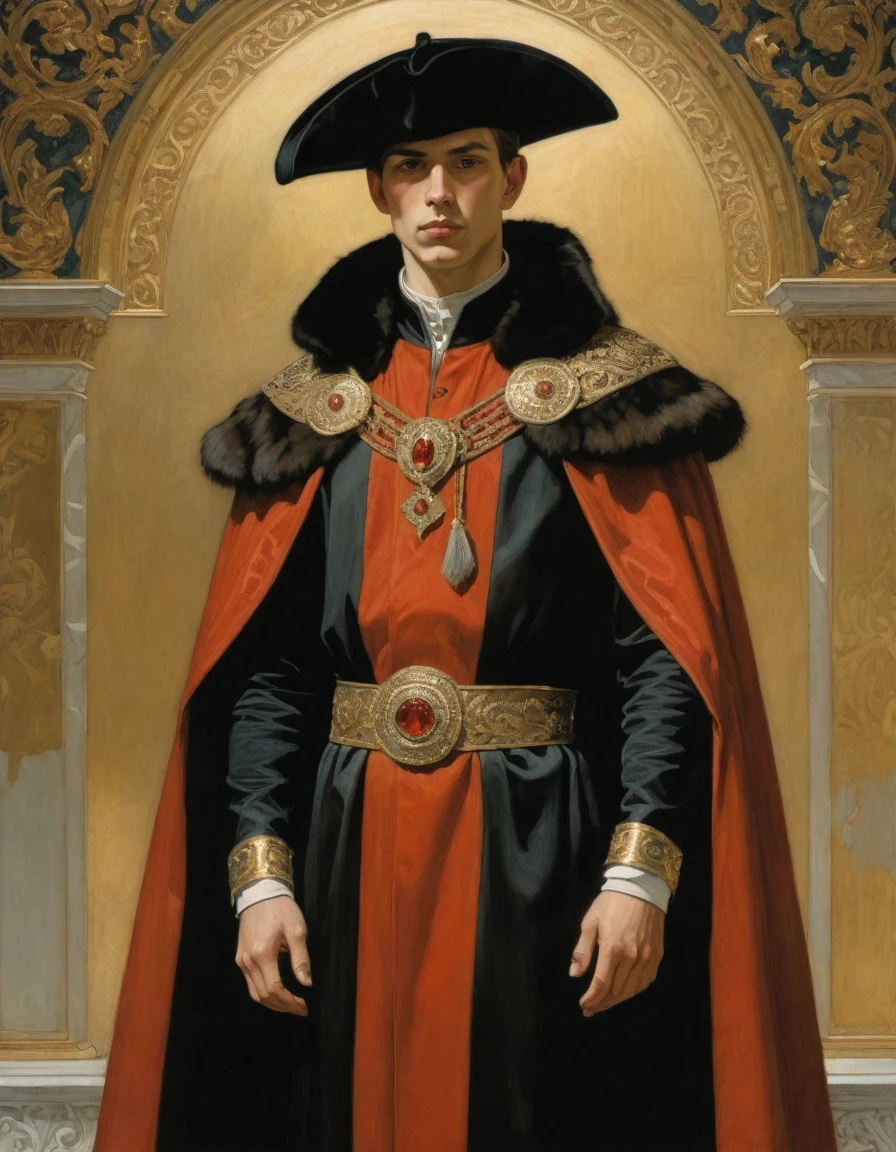 Design me a {{Colossal Masterpiece, high detail}}, a ((((full body portrait, male focus)))), ((by Moebius)), (by J. C. Leyendecker), the composition is: a very young male nobleman, sullen, facing viewer. He is wearing a fur hat. He is wearing a black Praetorian caftan with Slavic elements, sashes, medals, red diamond pendant