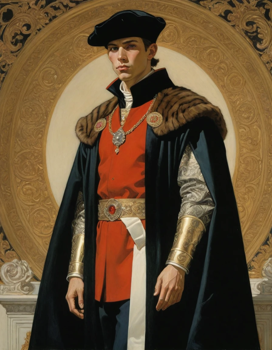 Design me a {{Colossal Masterpiece, high detail}}, a ((((full body portrait, male focus)))), ((by Moebius)), (by J. C. Leyendecker), the composition is: a very young male nobleman, sullen, facing viewer. He is wearing a fur hat. He is wearing a black Praetorian caftan with Slavic elements, sashes, medals, red diamond pendant