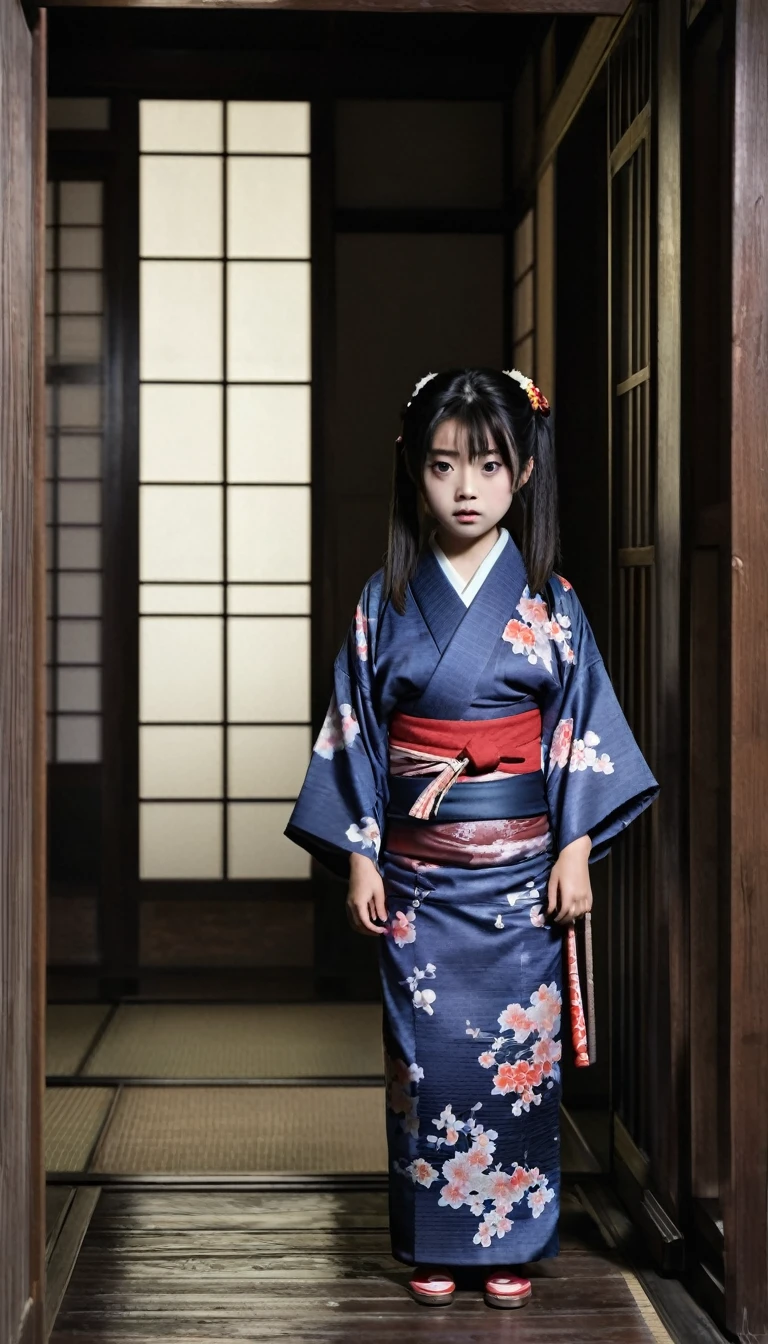 Zashiki Warashi,live-action,horror film,Wearing a kimono,About ***********,Adds a spooky atmosphere。Background、Old abandoned houses and dark, narrow corridors、horror filmの典型的な設定にする必要があります。日本のhorror film「Grudge：The Grudge」。  The images have photorealistic quality.、live-actionhorror filmの静止画のように見える必要があります。