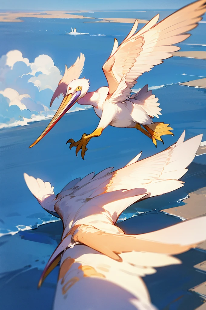 a pelican flies over the sky stealing a cookie