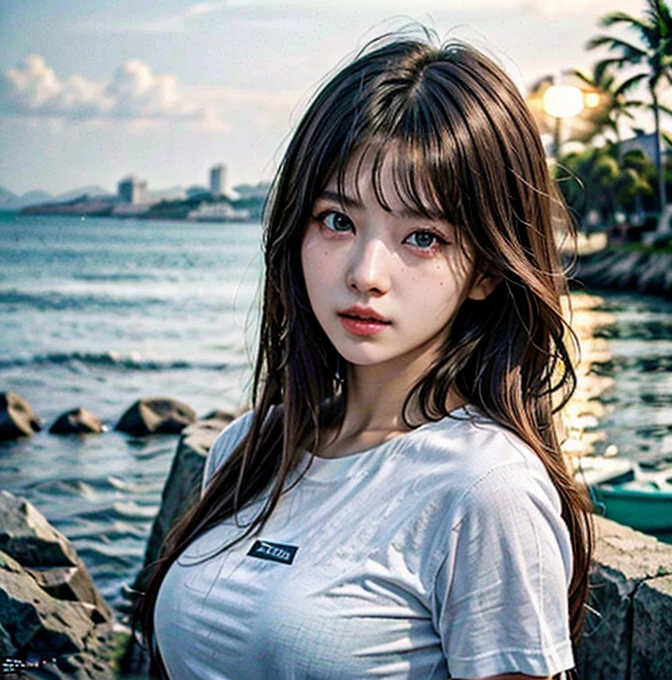Real photo, (masterpiece:1.2),(Very detailed),(8k:1.1),(Perfect lighting,Highest quality,High resolution,original),(Realistic photos:1.4) ,28 years old、Korean Idols、Long Hair、Brown Hair、Model-like style、One woman、T-Shirts、Solo Snap、Mole under right eye、Korean、Shot by the sea、The standing posture is cool