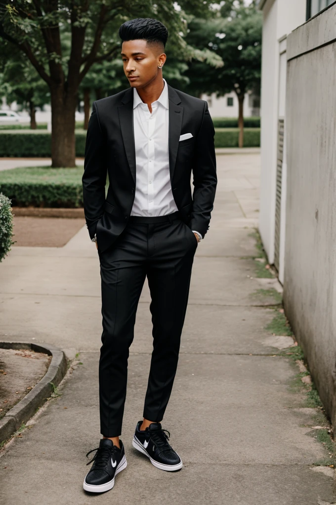 A male wearing a black blazer with a crisp white shirt and a black dress pants h SeaArt AI