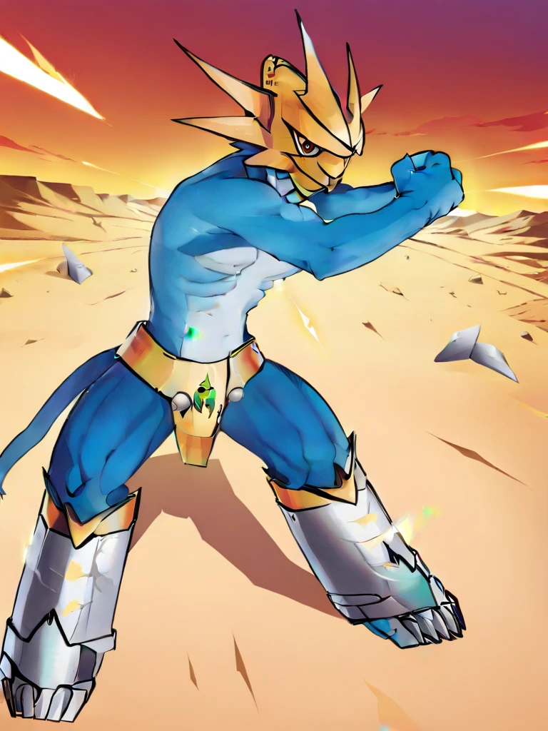 solo,angry Magnamon,tall,musclar, blue and white skin,(battle damaged:1.5),(topless Magnamon:2),(armor fragments:1.5),(shirtless:1.5), fighting_stance, in desert ,full_shot