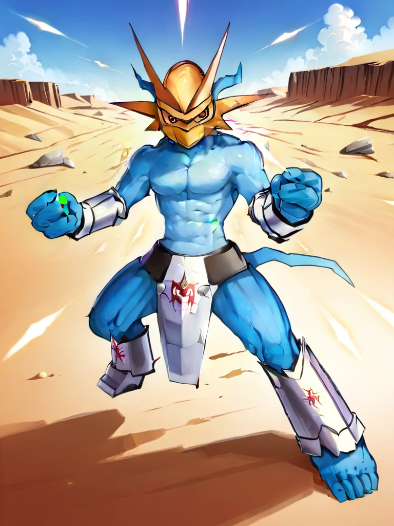 solo,angry Magnamon,tall,musclar, blue and white skin,(battle damaged:1.5),(topless Magnamon:2),(armor fragments:1.5),(shirtless:1.5), fighting_stance, in desert ,full_shot