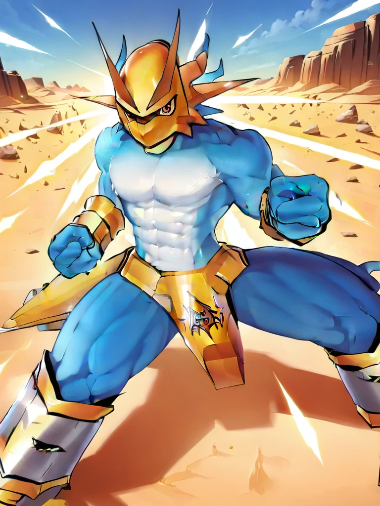 solo,angry Magnamon,tall,musclar, blue and white skin,(battle damaged:1.5),(topless Magnamon:2),(armor fragments:1.5),(shirtless:1.5), fighting_stance, in desert ,full_shot