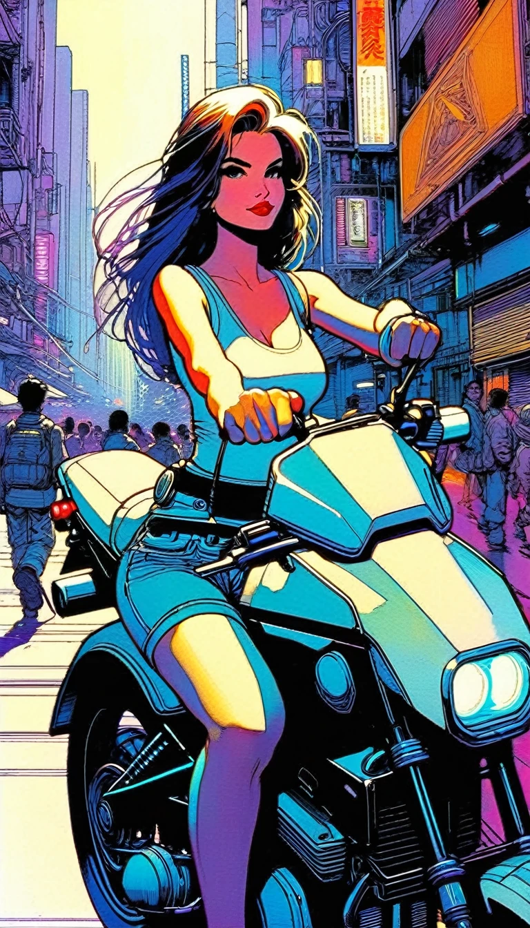 (((beautiful detailed)))(cute face:1.2)1girl,thumbs up, (Girl carrying a motorbike on her shoulder:1.5),looking back,(ground-level shot:1.2),cyberpunk,Cyberpunk shrine in background(sharp lines:1.2)(clear line:1.2),(eye details:1.3)(thick border:1.4),line drawing, animation cel style((masterpiece, high quality, best quality)),trillwave,90s style,Lineartnime (art inspired by Bill Sienkiewicz). oil painting, details of brush strokes that enhance depth)