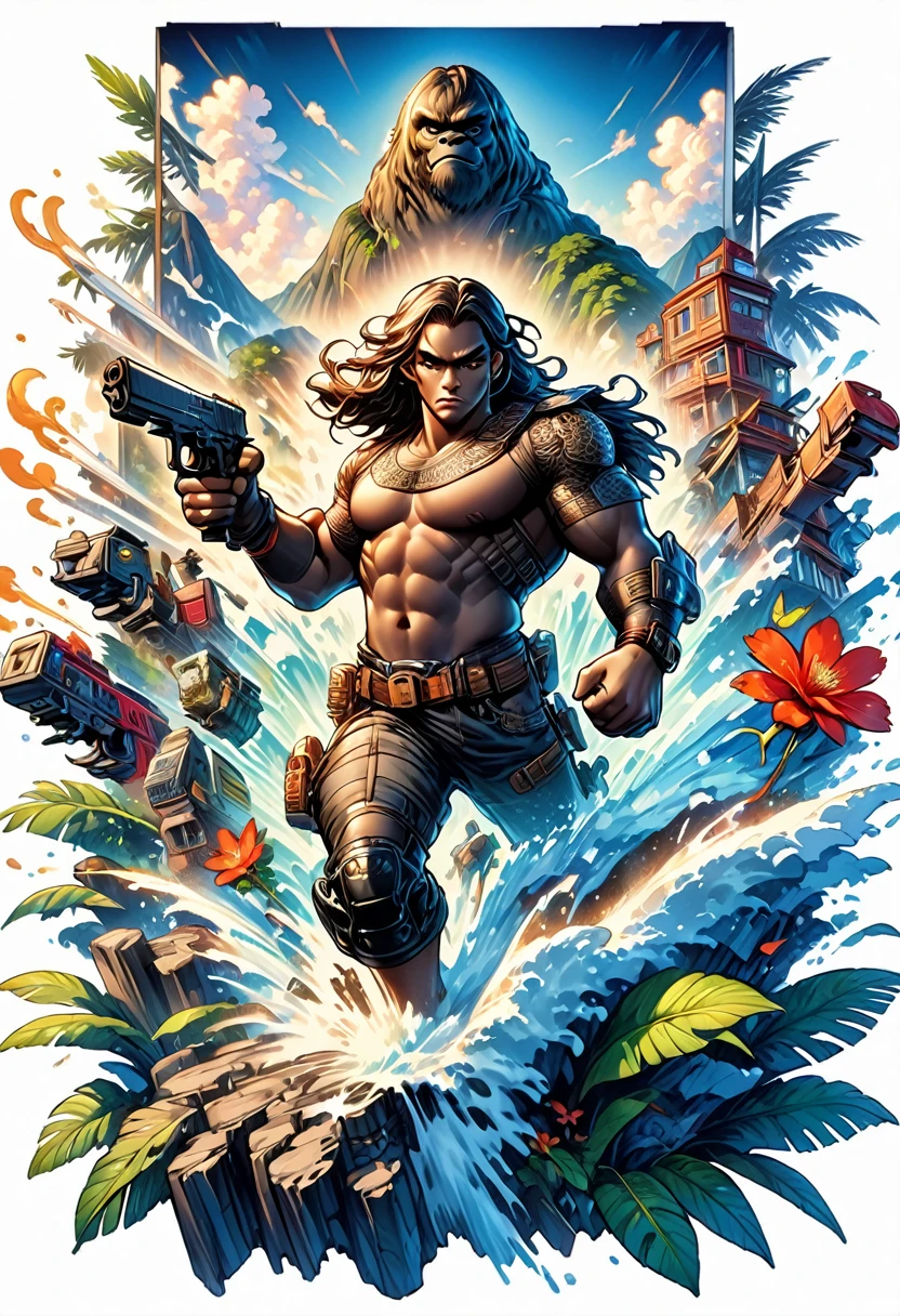 (((a sticker))), (((white background))), (((SPLASH ART))) intricately detailed t-shirt design ready for print , 2d, ONE HUGE black angry KING KONG in foreground Jungle sunset at the background, vibe detailed design for streetwear and urban style t-shirts design, pro vector, (cel-shading style:1.3), inkpunk, (ink lines:1.1), strong outlines, bold traces, high contrast, (cel-shaded:1.1), vector, 32k resolution, best quality,, flat lights,vector t-shirt art ready for print, intricate rich extremely complex ornaments illustration, extremely detailed and complex illustration, high detail, clean lines style, intricate high details, (((white plain background)))