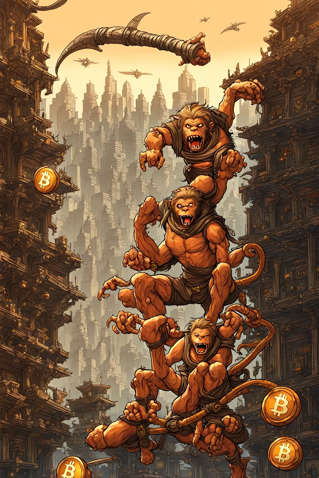 MONKEY BITCOIN style dungeons & dragon old cardboard big city in the back ground doom day