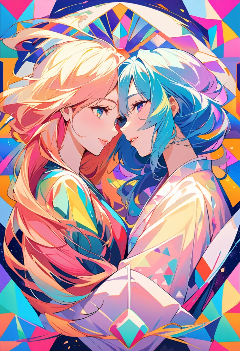 Seamless geometry，blank background，Geometric puzzle style，The most beautiful girl of all time, shining eyes, ,  hapiness，cute smile，flowing hair，Light blue geometric pattern yukata，Colorful geometric shapes around，Vibrant colors，Sparkling fireworks in the background，Colorful geometric shapes，eye-catching composition，abstract pattern，Geometric symmetry，Striking visual impact，artistic interpretation，expressive brushstrokes，Translucent layers，contrasting tones，Warm and cool light exposure，Ethereal and magical atmosphere，seductive and captivating scene, Lips in love