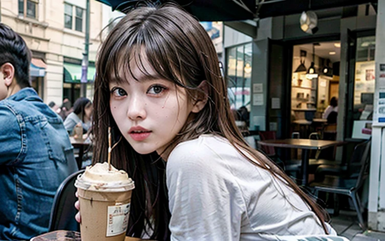 Real photo, (masterpiece:1.2),(Very detailed),(8k:1.1),(Perfect lighting,Highest quality,High resolution,original),(Realistic photos:1.4) ,28 years old、Korean Idols、Long Hair、Brown Hair、Model-like style、Street Snap、One woman、Jeans on a t-shirt、Solo Snap、Mole under right eye、Cafe Terrace、