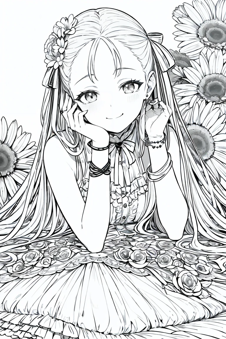 masterpiece, best quality, 1girl, solo, long_hair, looking_at_viewer, smile, dress, ribbon, jewelry, very_long_hair, hair_ribbon, flower, bracelet, two_side_up, hand_on_own_face, head_rest, hand_on_own_cheek, lineart, monochrome,