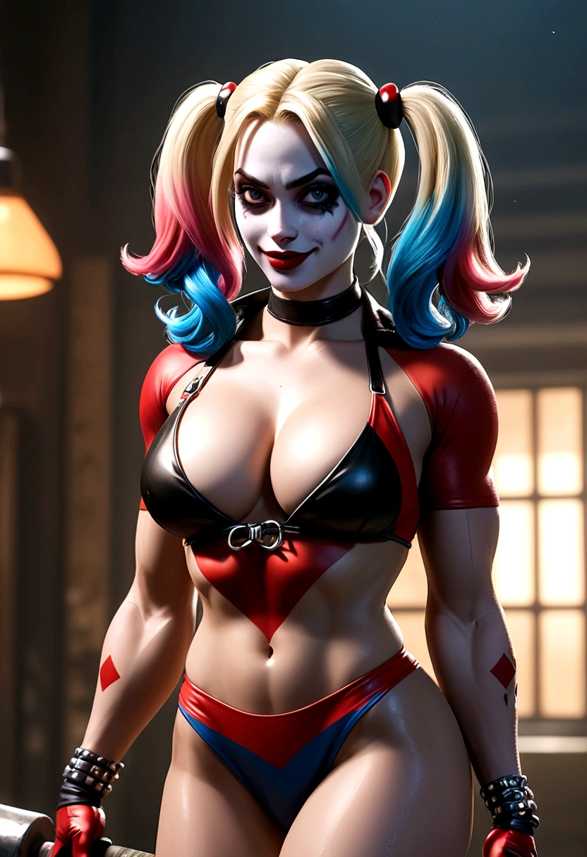 Make the character Harley Quinn very sexy in a bikini, muscular body and bodybuilder. Best quality, 8k, high quality.