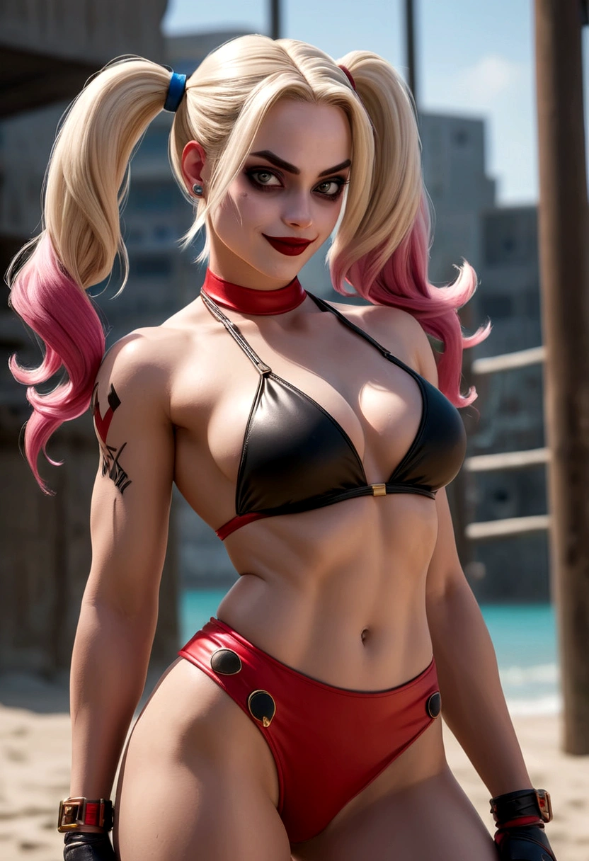 Make the character Harley Quinn very sexy in a bikini, muscular body and bodybuilder. Best quality, 8k, high quality.