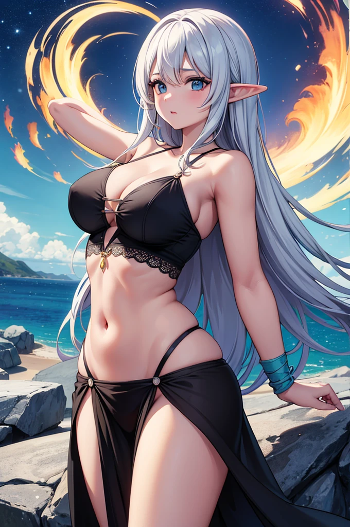 1grl, Arshes Nei (de Bastard!!), elf with curvy voluptuous body, seios gigantescos, (pele escura), longos cabelos roxos escuros, franja reta, olhos vermelhos carmesim, usa uma regata curta, exibindo seus seios enormes, cara bonita, perfect hands, no extra arms or legs, 4k resolution, fundo simples, filmado com Sony A7 IV para qualidade de imagem HD, detalhe intrincado, volumetric lighting