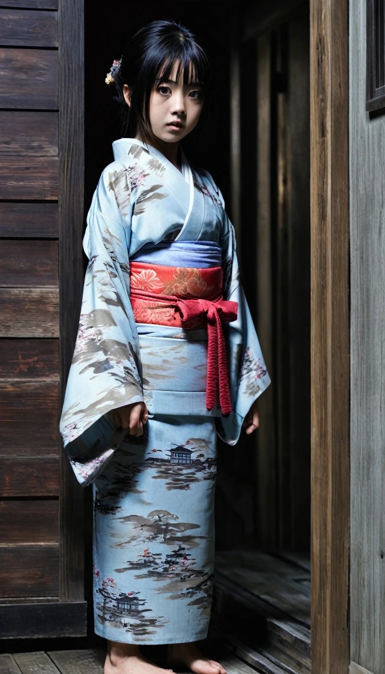 Zashiki Warashi,live-action,horror film,Wearing a kimono,About 6 years old,Bob,Adds a spooky atmosphere。Background、Old abandoned houses and dark, narrow corridors、horror filmの典型的な設定にする必要があります。日本のhorror film「Grudge:The Grudge」。 The images have photorealistic quality.、live-actionhorror filmの静止画のように見える必要があります。