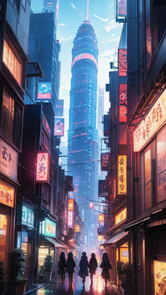 Anime characters walking through a futuristic city, towering skyscrapers with neon lights, advanced technology and flying cars, dynamic and vibrant atmosphere, Studio Ghibli style, detailed urban elements, anime background key visual, sci-fi cityscape, cinematic anime still, Japanese animation style, anime futuristic wallpaper