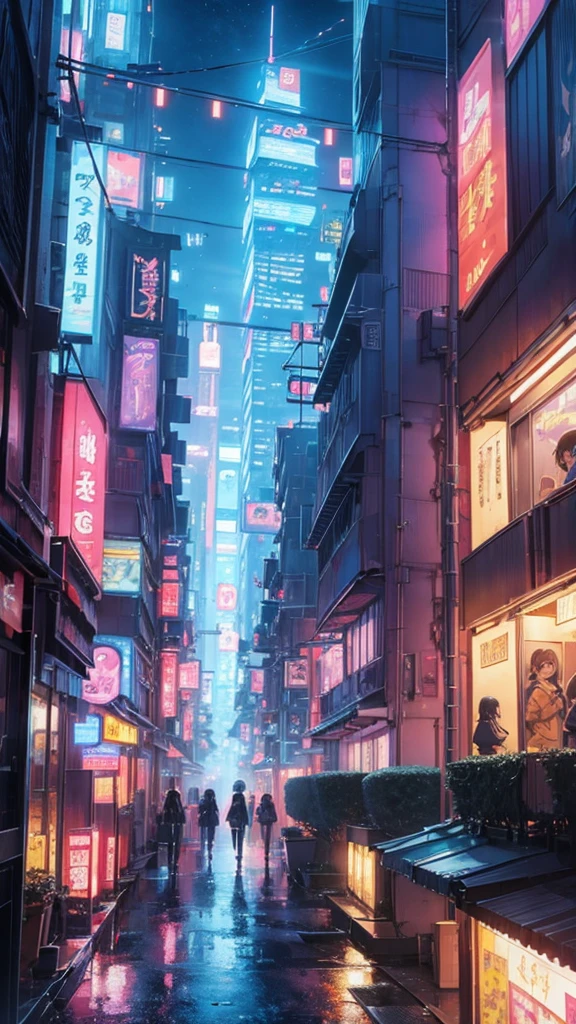 Anime characters walking through a futuristic city, towering skyscrapers with neon lights, advanced technology and flying cars, dynamic and vibrant atmosphere, Studio Ghibli style, detailed urban elements, anime background key visual, sci-fi cityscape, cinematic anime still, Japanese animation style, anime futuristic wallpaper