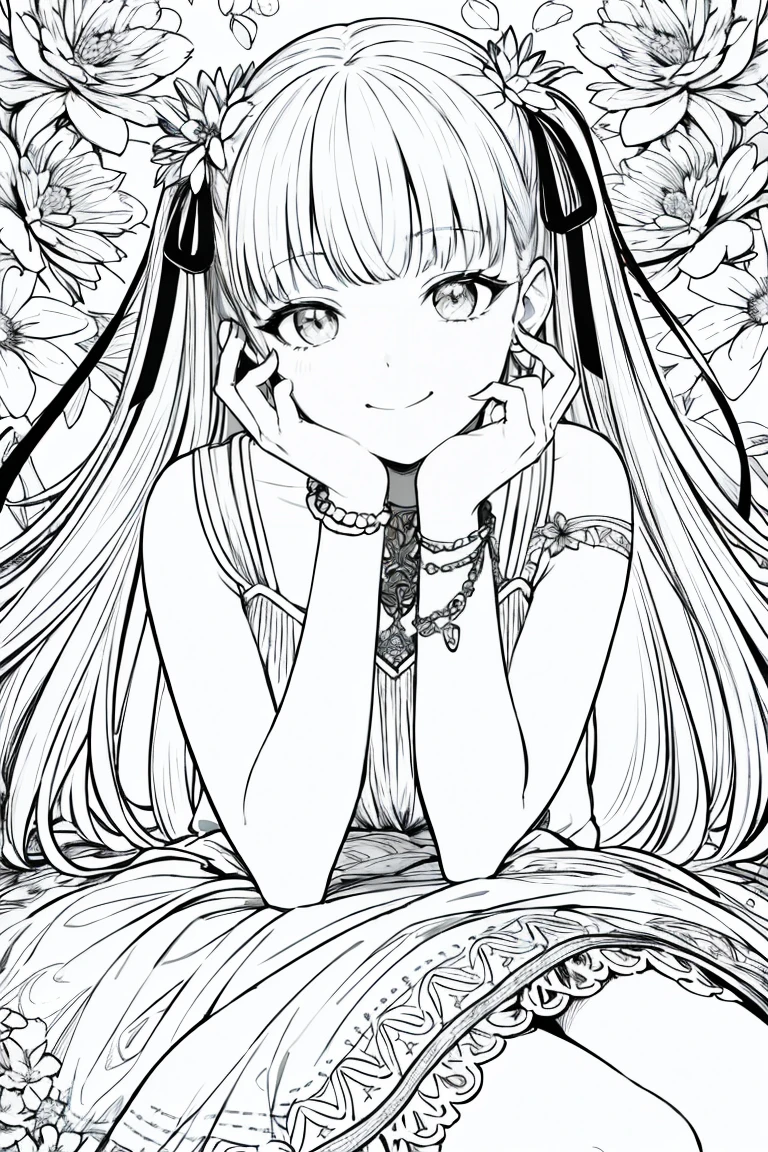 masterpiece, best quality, 1girl, solo, long_hair, looking_at_viewer, smile, dress, ribbon, jewelry, very_long_hair, hair_ribbon, flower, bracelet, two_side_up, hand_on_own_face, head_rest, hand_on_own_cheek, lineart, monochrome,
