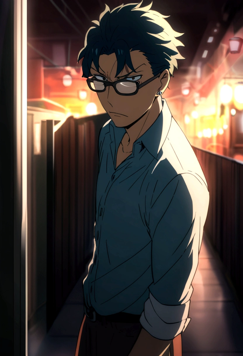 Captura de pantalla de Spy x Family (Anime Version)
Boy with dark blue shaved hair Dark eyes with glasses Brunette skin, cuerpo fornido, exercised and masculine He has a dark button-down shirt and a piercing in his left ear Serious and attractive but charismatic expression, apariencia atractiva