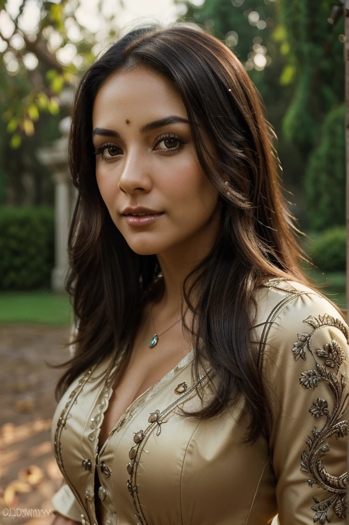 photorealistic, best quality, (hyper detailed: 1.4), (((posing:1.2))), long distance shot, ((ideal body:1.5)), photosession, brown eyes, black hair, Detailed eyes, ((old money style:1.5)). beautiful young woman, (Highly detailed face:1.4), exuding a natural glow, soft lightning, morning time, beautiful view, jaw-dropping beauty, sexy, seductive, vivid colors