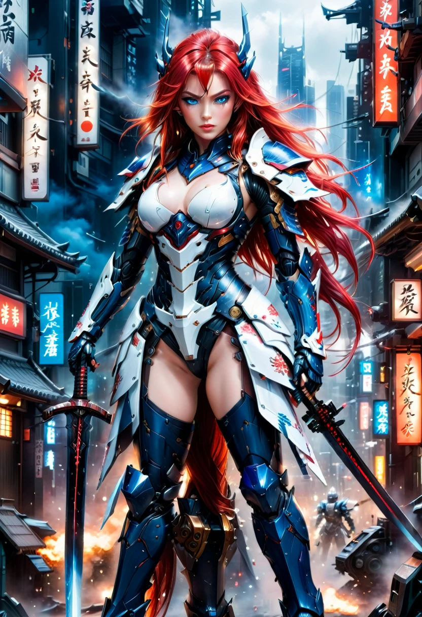 Japanese water color art picture of a mecha samurai woman in cyberpunk city, a mecha samurai woman, exquisite beautiful woman, (fully clothed: 1.3), red hair, long hair, (blue eyes: 1.3), she stands ready to battle, wearing (white mecha armor: 1.3), high heeled boots, she is armed with a Japanese sword, Japanese Cyberpunk city at night, background, (Masterpiece: 1.5), 16k, highres, best quality, high details, ultra detailed, masterpiece, best quality, (extremely detailed), arafed, mecha, 