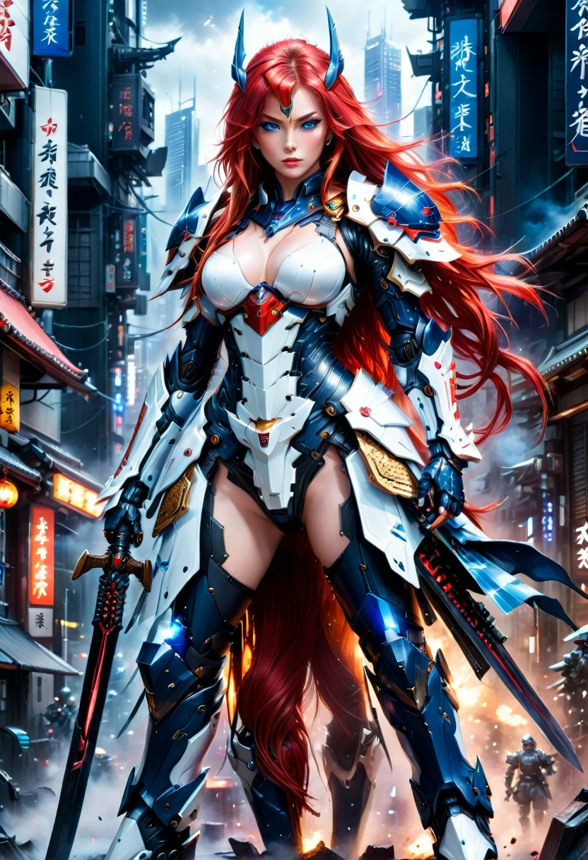 Japanese water color art picture of a mecha samurai woman in cyberpunk city, a mecha samurai woman, exquisite beautiful woman, (fully clothed: 1.3), red hair, long hair, (blue eyes: 1.3), she stands ready to battle, wearing (white mecha armor: 1.3), high heeled boots, she is armed with a Japanese sword, Japanese Cyberpunk city at night, background, (Masterpiece: 1.5), 16k, highres, best quality, high details, ultra detailed, masterpiece, best quality, (extremely detailed), arafed, mecha,