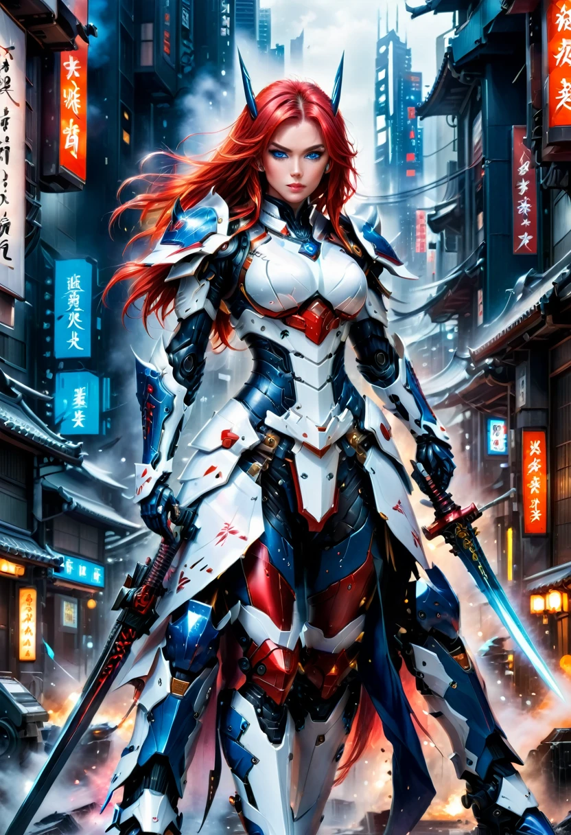 Japanese water color art picture of a mecha samurai woman in cyberpunk city, a mecha samurai woman, exquisite beautiful woman, (fully clothed: 1.3), red hair, long hair, (blue eyes: 1.3), she stands ready to battle, wearing (white mecha armor: 1.3), high heeled boots, she is armed with a Japanese sword, Japanese Cyberpunk city at night, background, (Masterpiece: 1.5), 16k, highres, best quality, high details, ultra detailed, masterpiece, best quality, (extremely detailed), arafed, mecha,