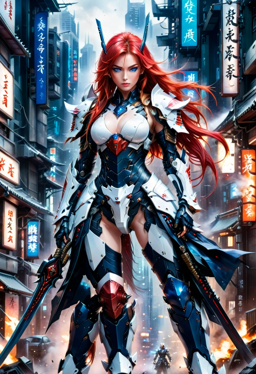 Japanese water color art picture of a mecha samurai woman in cyberpunk city, a mecha samurai woman, exquisite beautiful woman, (fully clothed: 1.3), red hair, long hair, (blue eyes: 1.3), she stands ready to battle, wearing (white mecha armor: 1.3), high heeled boots, she is armed with a Japanese sword, Japanese Cyberpunk city at night, background, (Masterpiece: 1.5), 16k, highres, best quality, high details, ultra detailed, masterpiece, best quality, (extremely detailed), arafed, mecha,