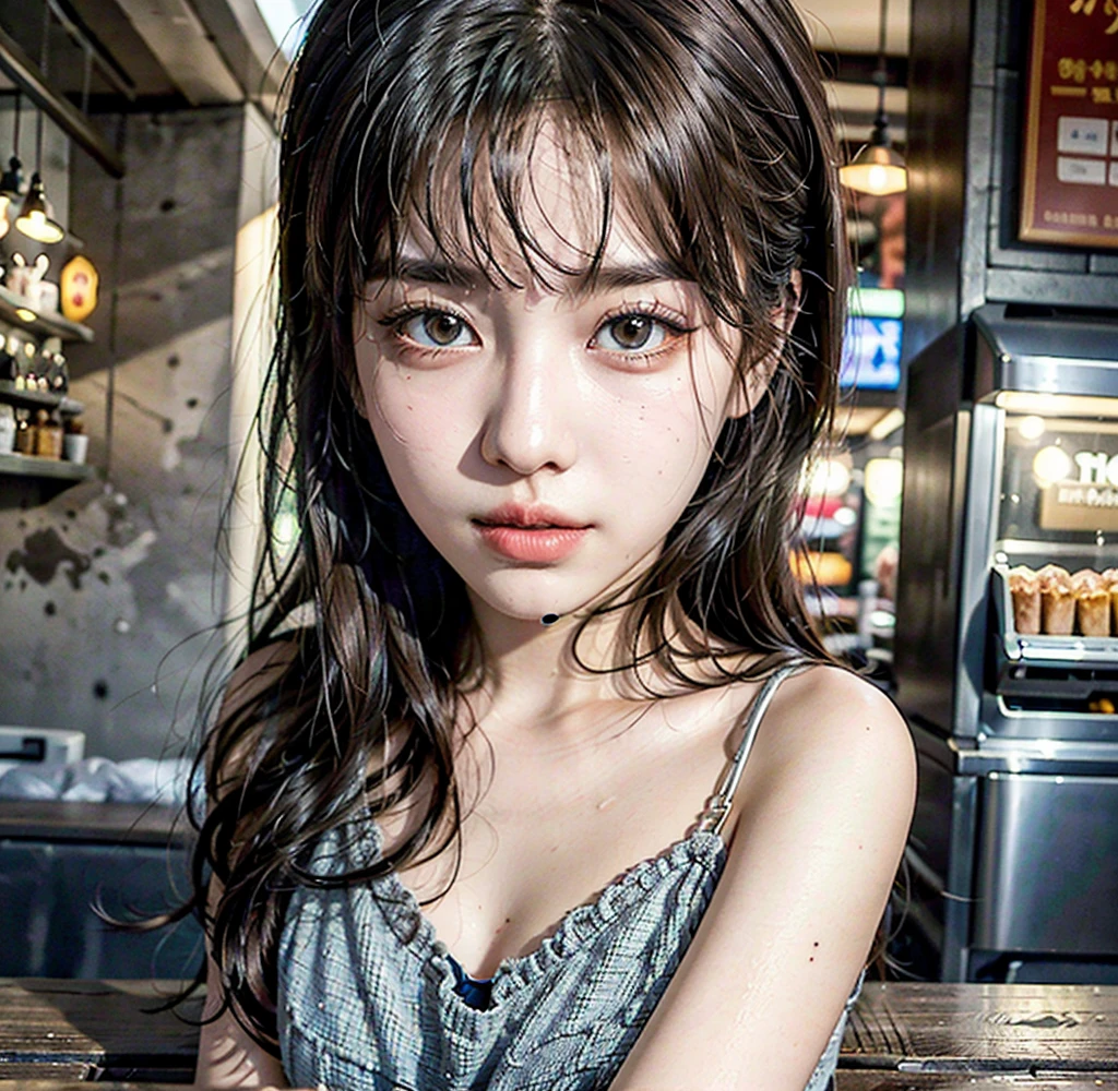 Real photo, (masterpiece:1.2),(Very detailed),(8k:1.1),(Perfect lighting,Highest quality,High resolution,original),(Realistic photos:1.4) ,28 years old、Korean Idols、Long Hair、Brown Hair、Model-like style、Street Snap、One woman、Solo Snap、Mole under right eye、Cafe Terrace、Cool dress
