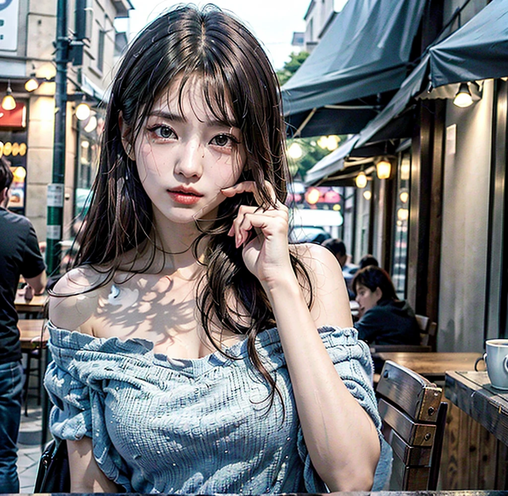 Real photo, (masterpiece:1.2),(Very detailed),(8k:1.1),(Perfect lighting,Highest quality,High resolution,original),(Realistic photos:1.4) ,28 years old、Korean Idols、Long Hair、Brown Hair、Model-like style、Street Snap、One woman、Solo Snap、Mole under right eye、Cafe Terrace、Cool dress