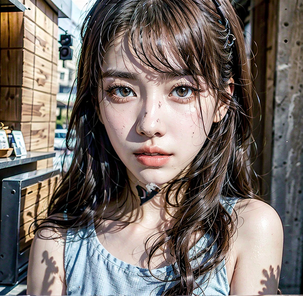 Real photo, (masterpiece:1.2),(Very detailed),(8k:1.1),(Perfect lighting,Highest quality,High resolution,original),(Realistic photos:1.4) ,28 years old、Korean Idols、Long Hair、Brown Hair、Model-like style、Street Snap、One woman、Solo Snap、Mole under right eye、Cafe Terrace、Cool dress