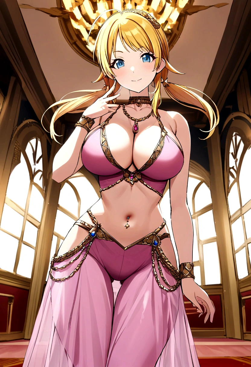 blonde Hachimiya Meguru with twintails, a very detailed face, blue eyes, a pink tight noble dress with very large breasts, a slim waist, slim hips, a very deep cleavage, golden necklaces and a golden choker,  standing in a palace room. pink see-through midriff, navel piercing.