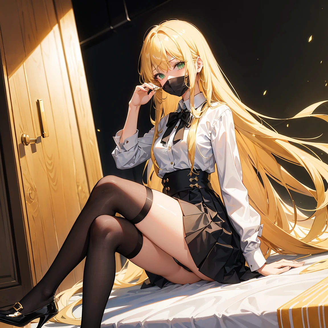 1 girl,long golden blonde hair(bangs),green eyes,wearing a white shirt,black short pleated skirt,stockings,black heels