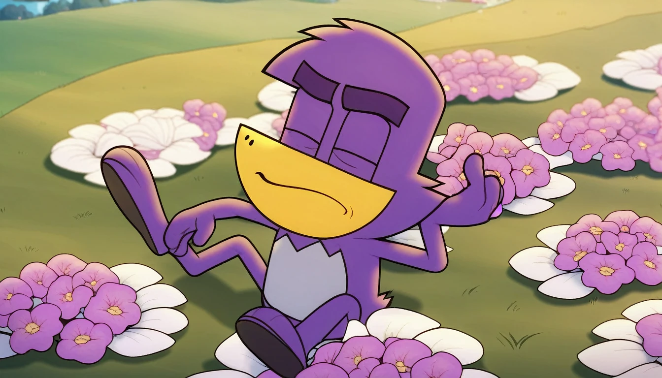 badmascot, solo, 1boy, collecting flowers, pokemon (creature), field, mascot, full-size, score_9, score_8_up, score_7_up, score_6_up, score_5_up, score_4_up