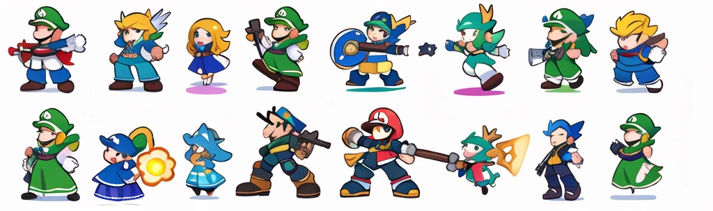 a close up of several different types of blue and green characters, Folha de sprite, Folha de sprite, Mega homem, mario Folha de sprite walk cycle, megaman, sprites, ator 2ds, ator de videogame, ator 2d, conjunto de sprites HD de alta qualidade, super nintendo game sprite, water elves, super super dynamic dynamic pose