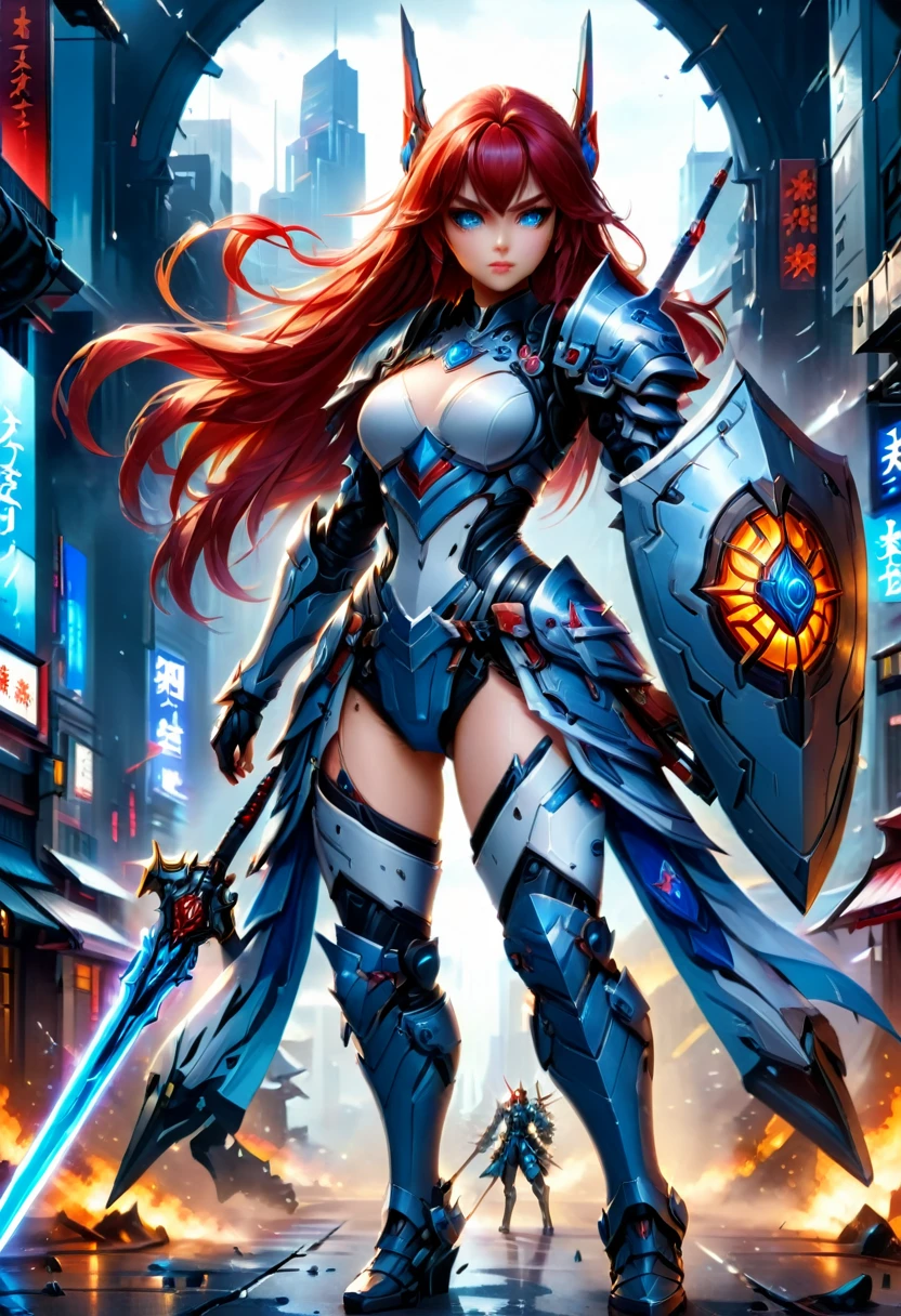 Japanese water color art picture of a mecha samurai woman in cyberpunk city, a mecha samurai woman, exquisite beautiful woman, (fully clothed: 1.3), red hair, long hair, (blue eyes: 1.3), she stands ready to battle, wearing (white mecha armor: 1.3), high heeled boots, she is armed with a Japanese sword, Japanese Cyberpunk city at night, background, (Masterpiece: 1.5), 16k, highres, best quality, high details, ultra detailed, masterpiece, best quality, (extremely detailed), arafed, mecha, Sword and shield